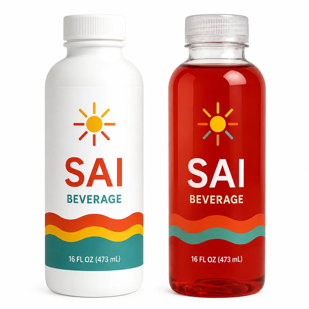 Two beverage bottles with waterproof white BOPP wraparound labels