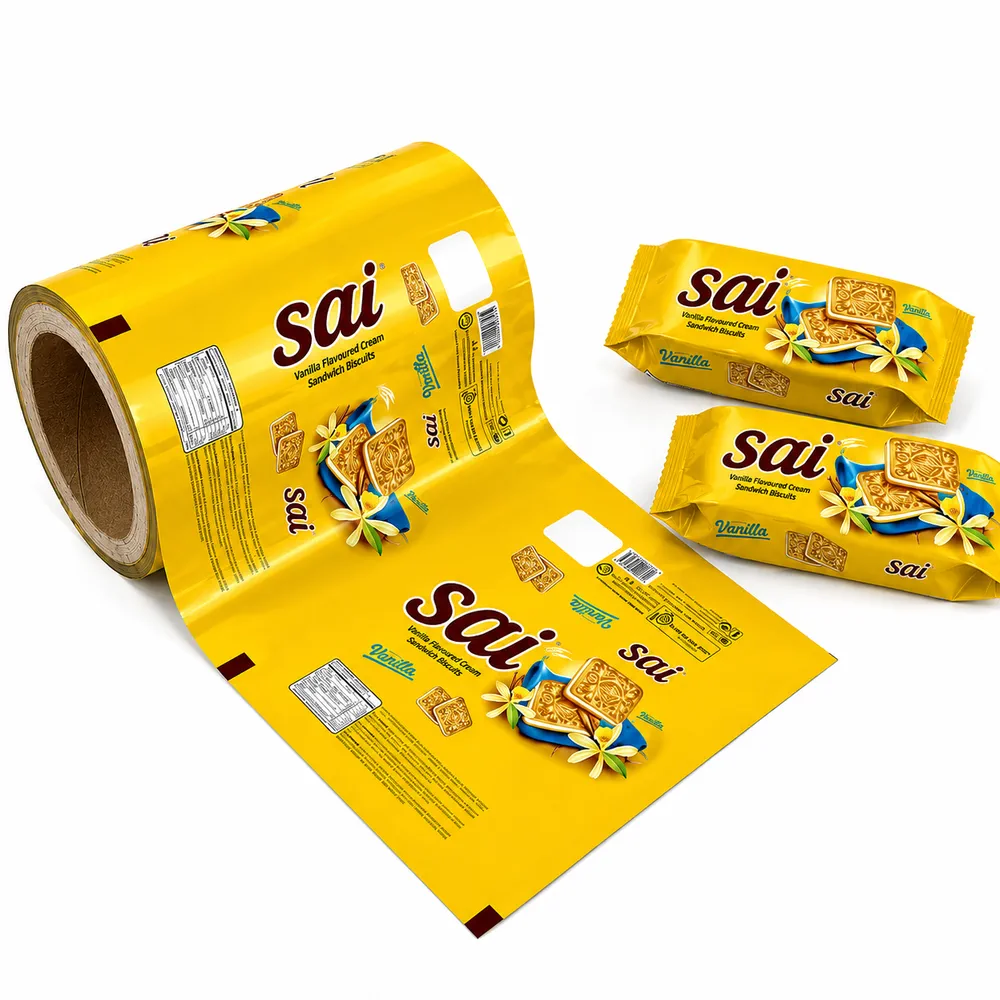 Printed biscuit lidding roll with sealed vanilla sandwich biscuit packs