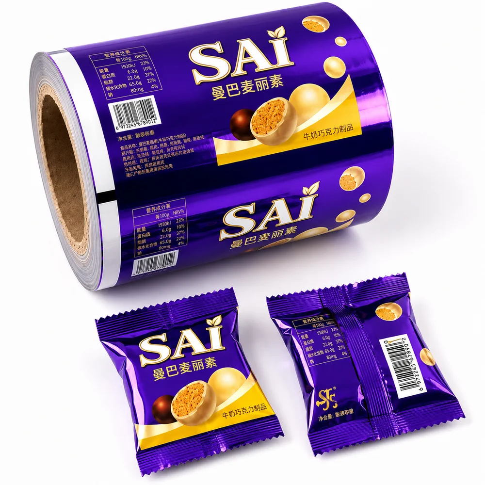 Metallised confectionery wrapper roll with individually sealed chocolate portion packs