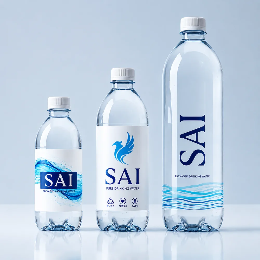 Packaged drinking water bottles in three sizes with white and clear BOPP labels