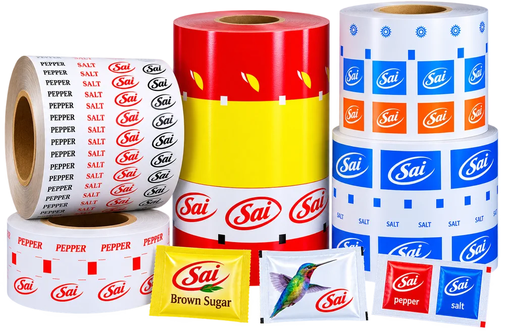 Printed salt, pepper and brown sugar sachet rolls with eye marks and finished sachets