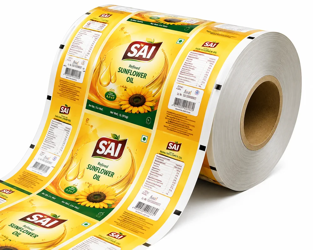 Printed sunflower oil label roll showing registered repeat and nutrition panel
