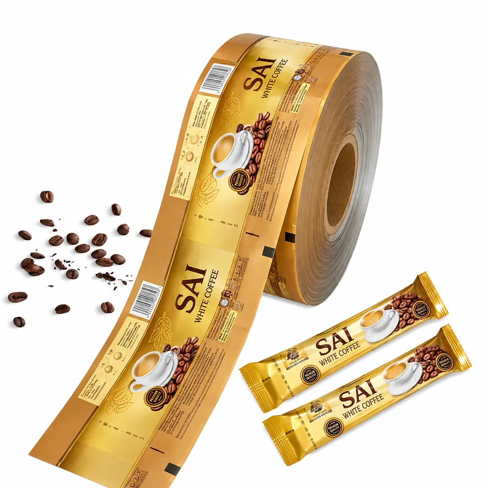 Printed white coffee sachet roll with filled stick packs and coffee beans